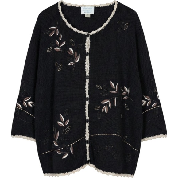 Christopher & Banks Sweaters - Christopher & Banks Black Embroidered Leaf Cardigan Hand Crochet Trim XL